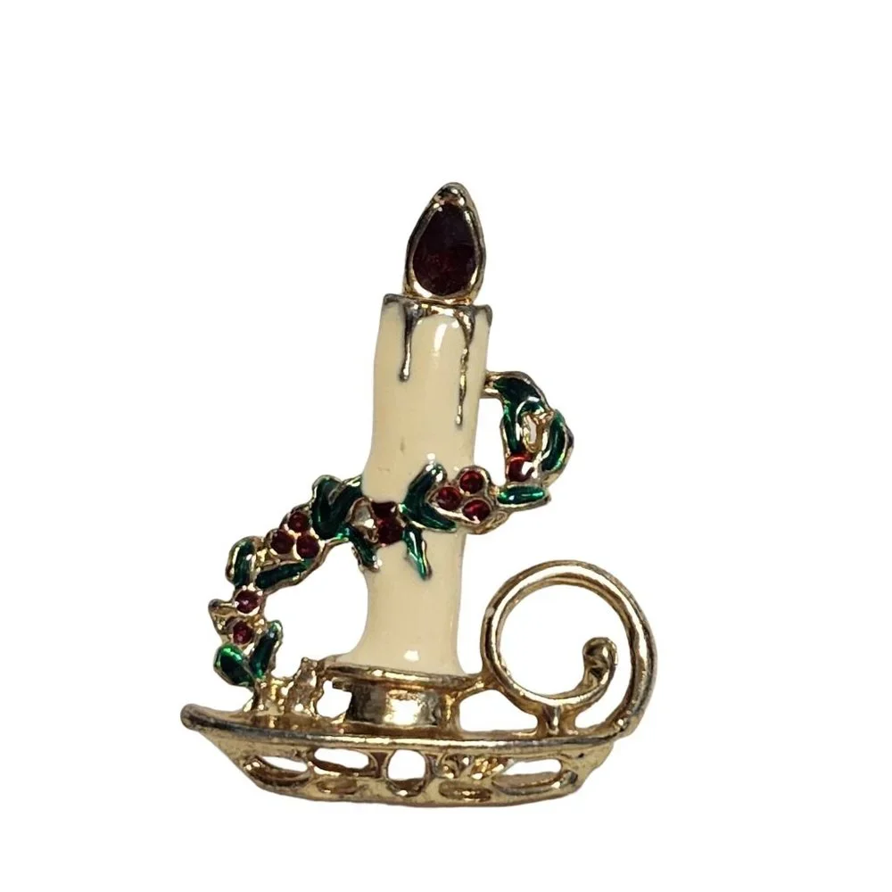 Vintage Holiday Christmas Enamel Candle white Green Red Pin‎ Brooch
